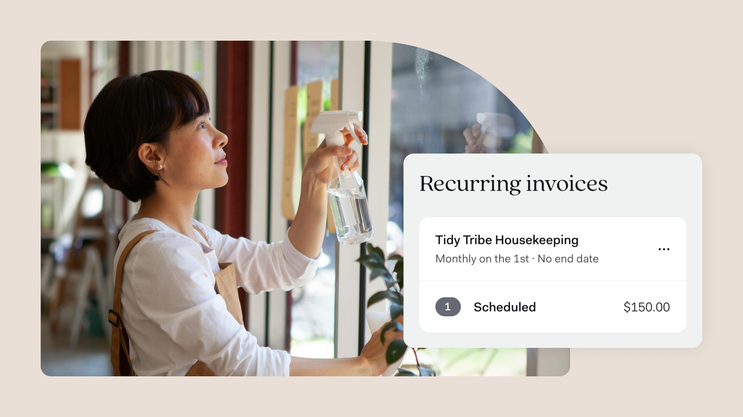 A woman with short dark hair and bangs wearing a white long-sleeved shirt holds a spray bottle while cleaning a window. She's looking upward with natural lighting coming through large windows behind her. Overlaid on the image is a user interface showing 'Recurring invoices' with details for 'Tidy Tribe Housekeeping' - a monthly service scheduled for the 1st with no end date, showing a status of 'Scheduled' and a price of $150.00.