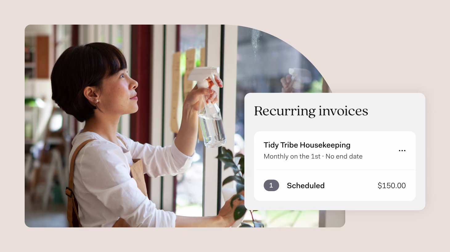 A woman with short dark hair and bangs wearing a white long-sleeved shirt holds a spray bottle while cleaning a window. She's looking upward with natural lighting coming through large windows behind her. Overlaid on the image is a user interface showing 'Recurring invoices' with details for 'Tidy Tribe Housekeeping' - a monthly service scheduled for the 1st with no end date, showing a status of 'Scheduled' and a price of $150.00.