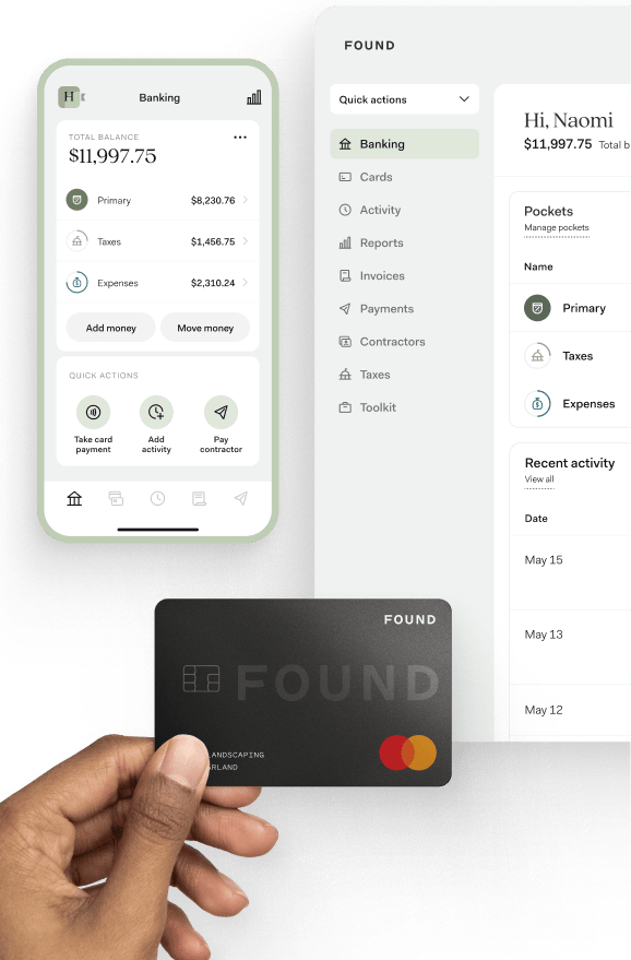 Hand holding a Found business debit card in front of a mobile phone and desktop screen displaying the Found banking dashboard with categorized balances, recent transactions, and quick actions like paying contractors and adding money.