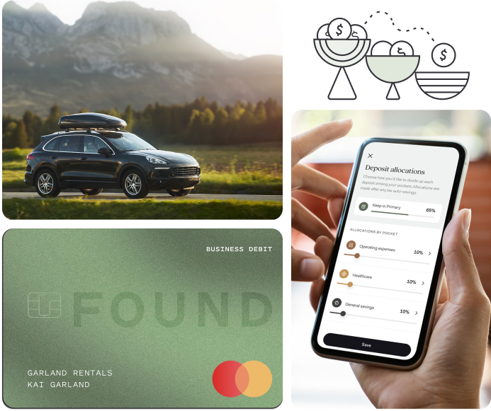 Collage featuring a black SUV driving through scenic mountains, a Found business debit card labeled "Garland Rentals," a phone screen displaying deposit allocation settings, and illustrated icons of money being split into savings buckets.