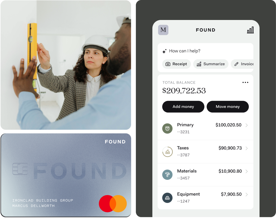 Three Found business debit cards labeled with different team member names—Tyler Brown, Lily Chen, and Amanda Venga—are shown overlapping. Circular profile photos appear next to each cardholder. A spending summary below shows a $3,000/month limit with $1,000 spent and $2,000 remaining. The image highlights Found's team card feature for managing shared team spending with individual controls.