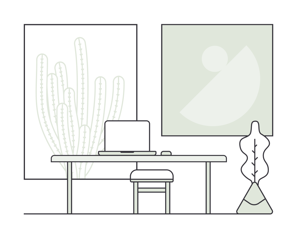 Illustration of a desk and laptop with cactus abstract art on the wall