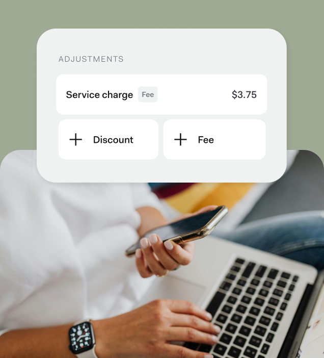 Mobile screen displaying invoice fee adjustments, including service charge, discount, and additional fee options