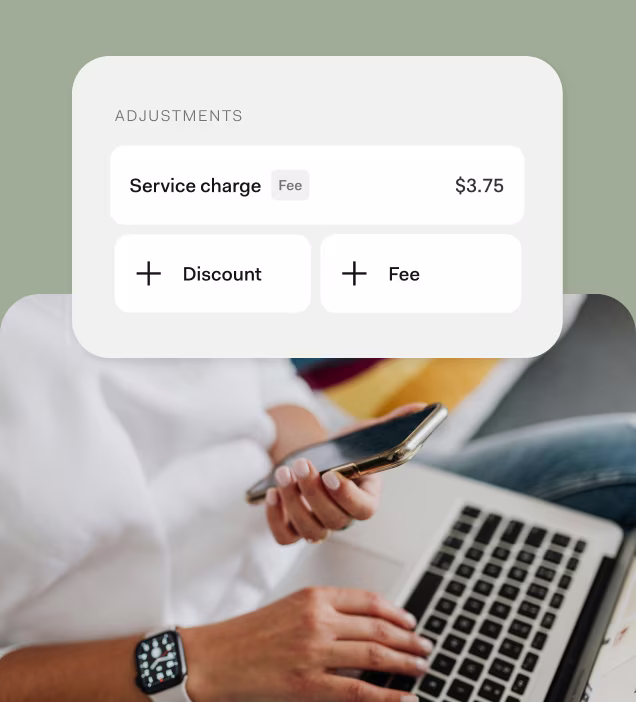 Mobile screen displaying invoice fee adjustments, including service charge, discount, and additional fee options
