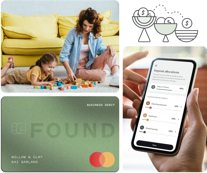 A nanny and the young girl she's babysitting play with colorful blocks on the floor, next to a Found business debit card, a mobile screen showing deposit allocation settings, and icons representing income distribution.