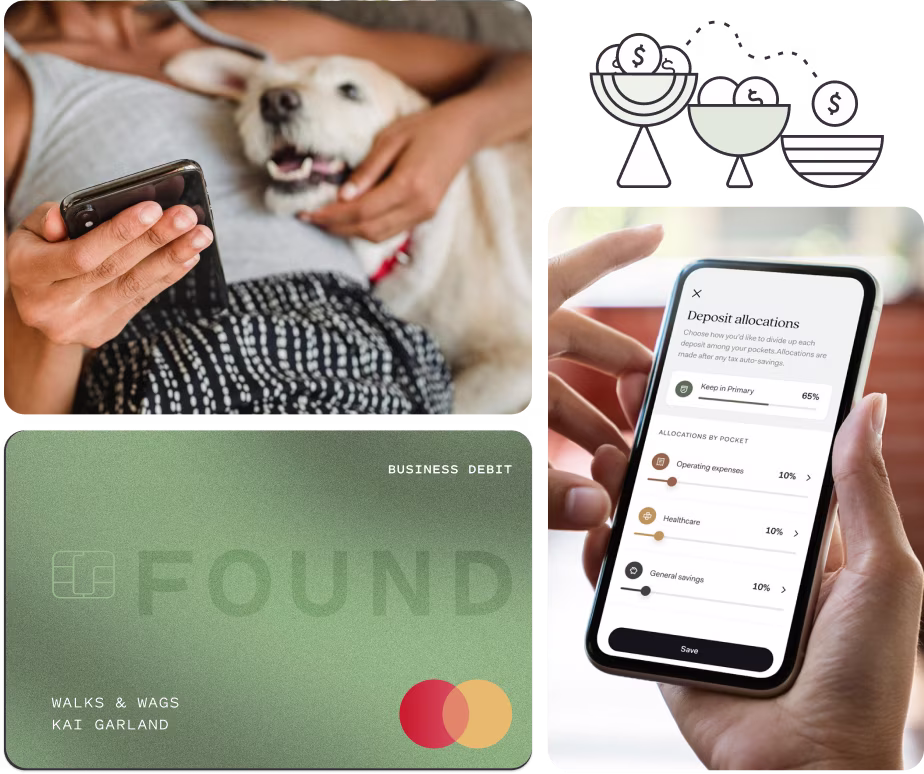 Collage featuring a person relaxing with a dog, a Found debit card labeled Walks & Wags, deposit allocation settings on mobile, and illustrated savings bowls.