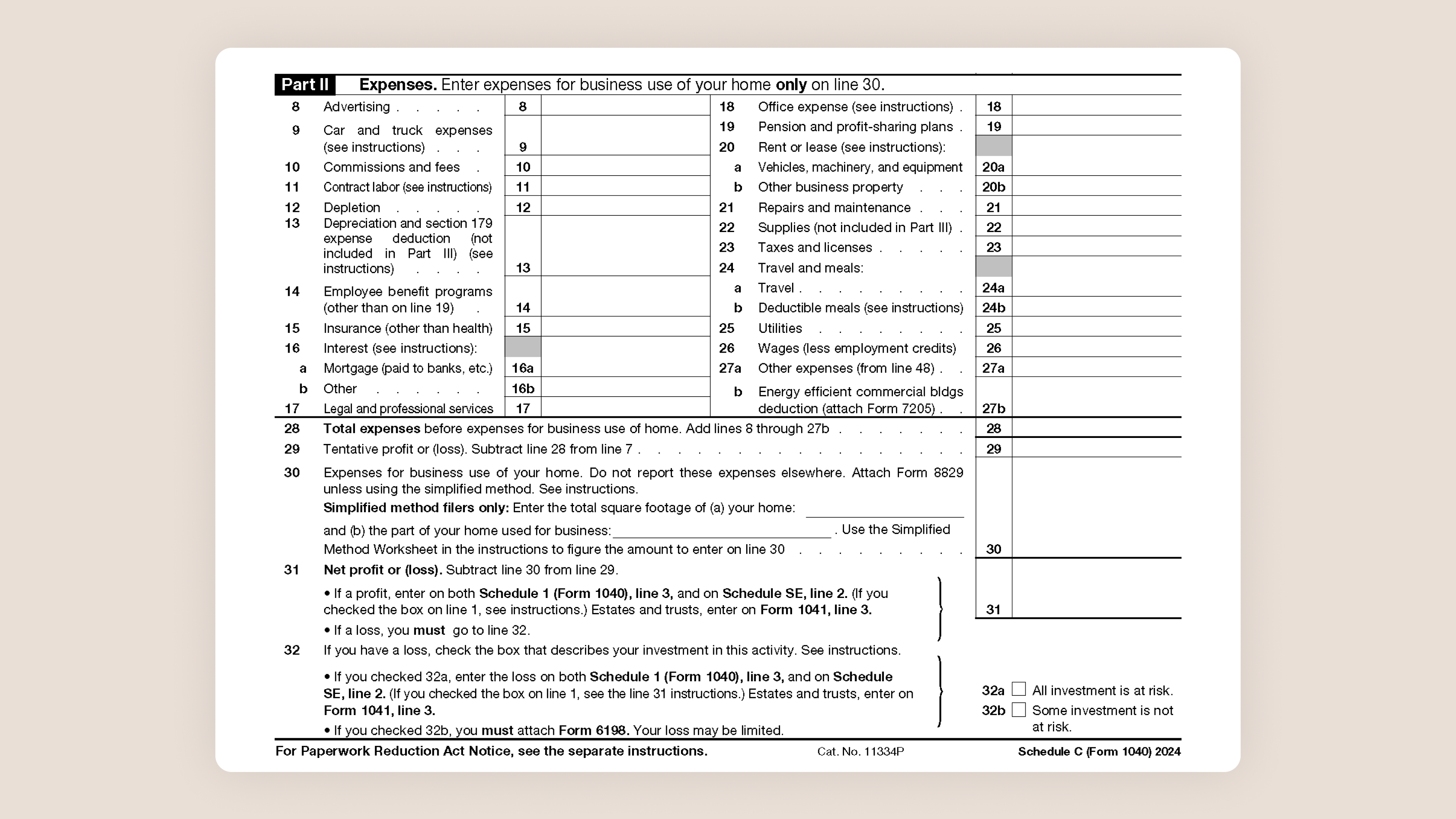 Schedule C Tax Form for Self-Employed Taxes Part II Expenses
