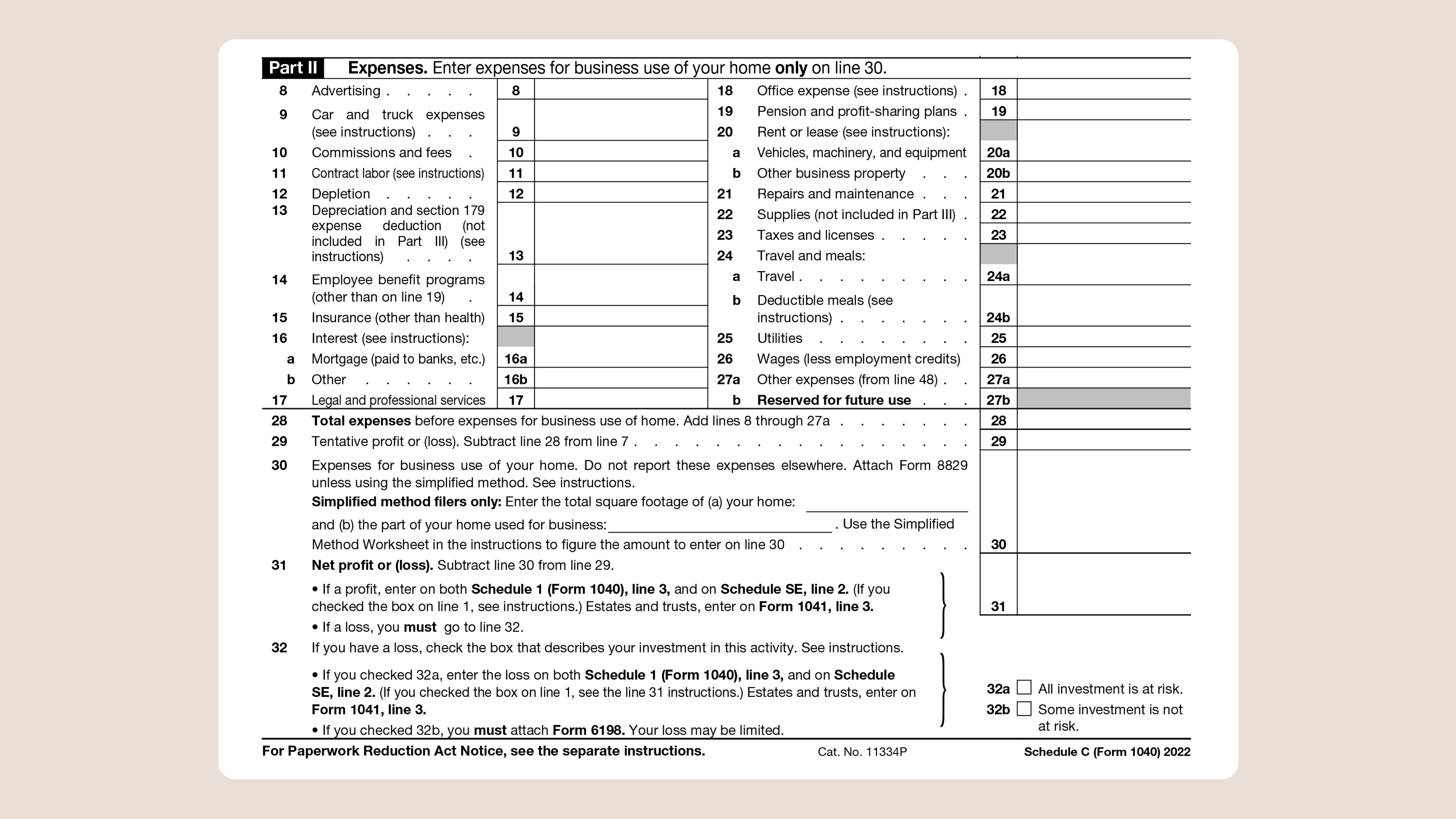 Schedule C Tax Form for Self-Employed Taxes Part II Expenses
