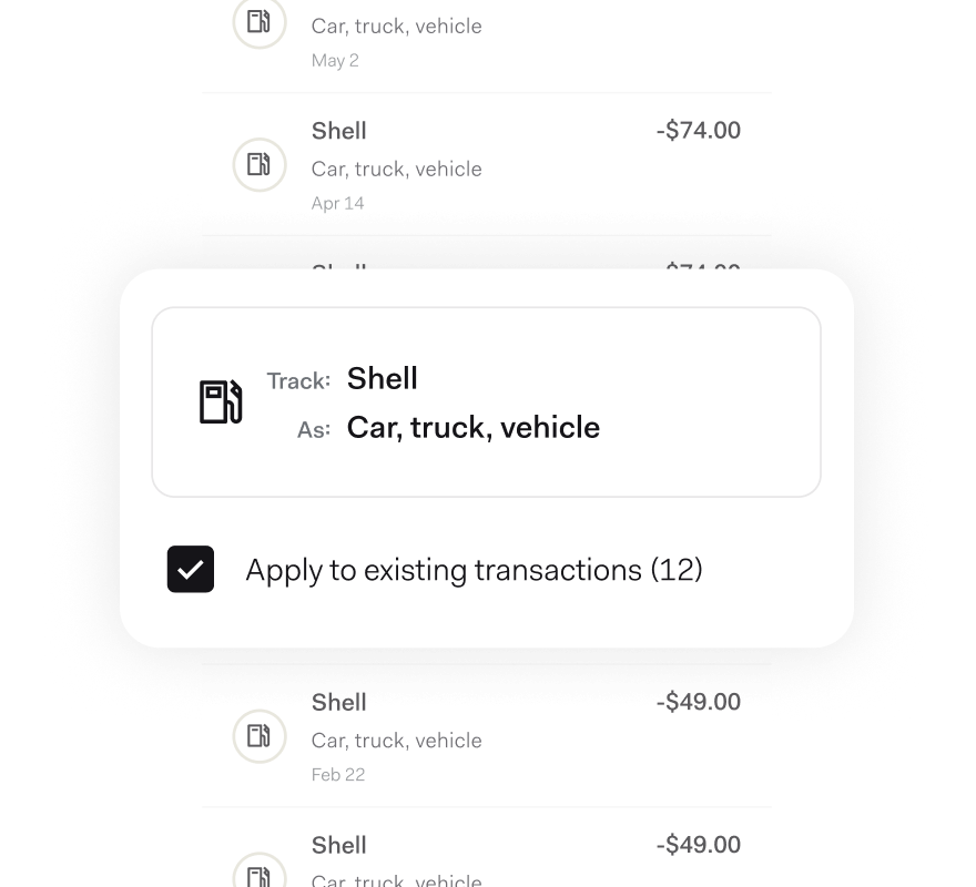 A Found app UI screen shows a smart categorization feature automatically tracking Shell as "Car, truck, vehicle," with an option to apply the category to 12 existing transactions at once.