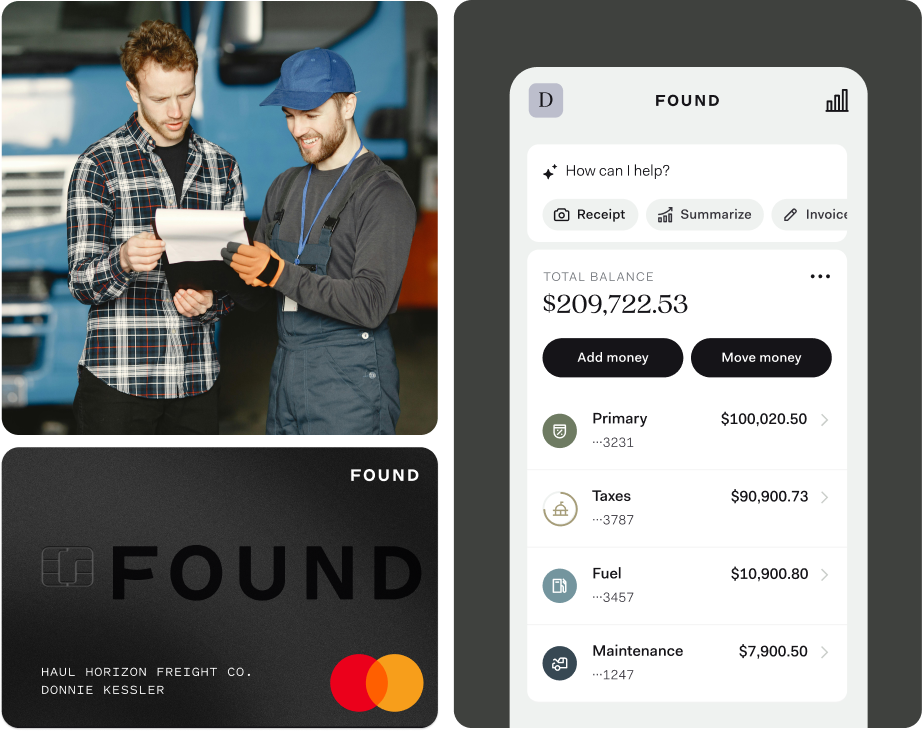 Three Found business debit cards labeled with different team member names—Tyler Brown, Lily Chen, and Amanda Venga—are shown overlapping. Circular profile photos appear next to each cardholder. A spending summary below shows a $3,000/month limit with $1,000 spent and $2,000 remaining. The image highlights Found's team card feature for managing shared team spending with individual controls.