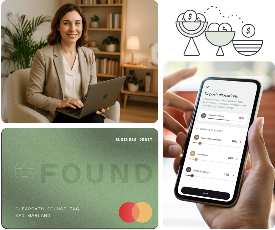Smiling woman with a laptop seated in a cozy office, alongside a Found business debit card, a phone screen showing deposit allocation settings, and illustrated savings icons representing financial distribution.