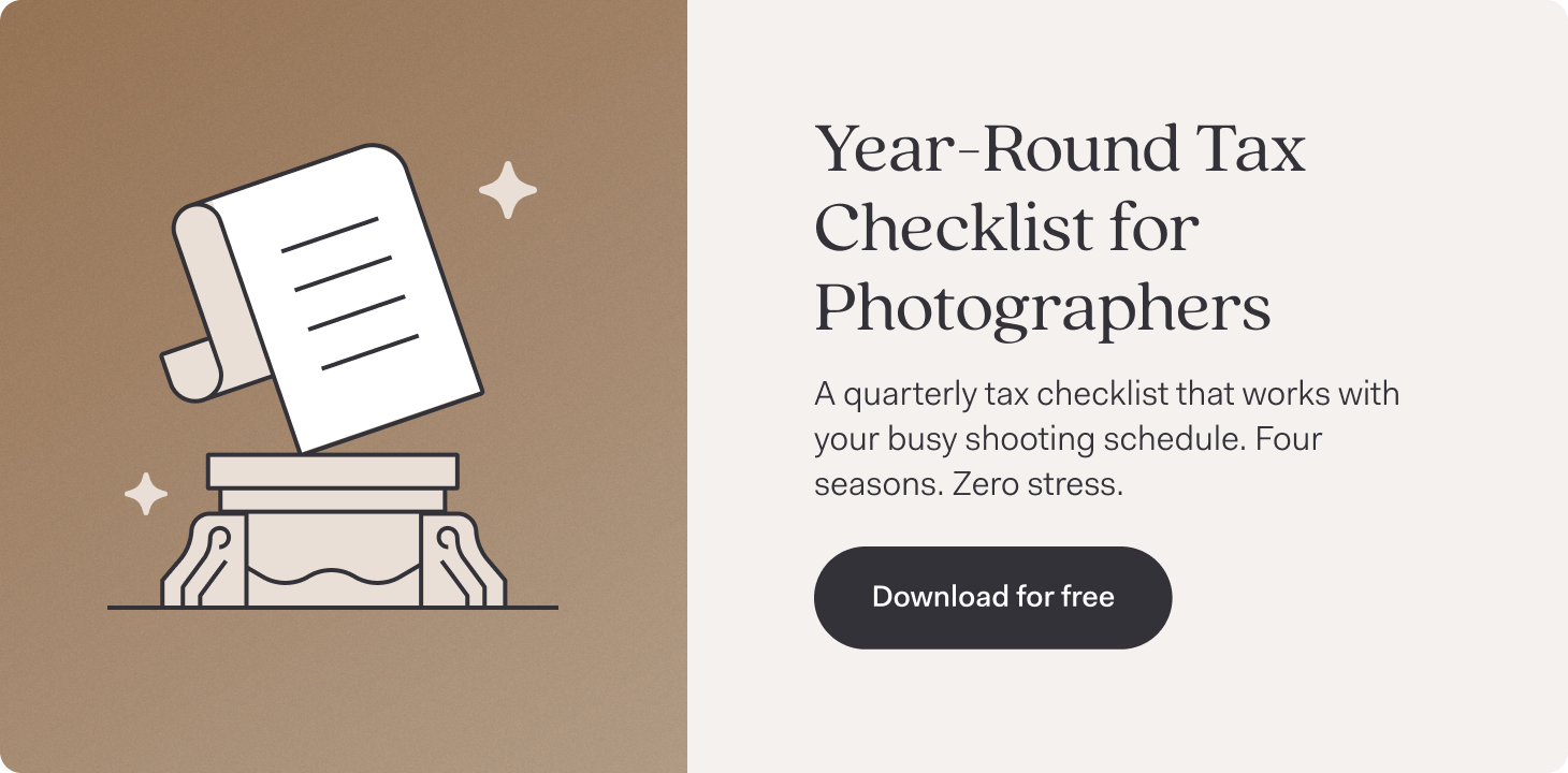 Year-Round Tax Checklist for Photographers promotional graphic with headline text and subheading that reads 'A quarterly tax checklist that works with your busy shooting schedule. Four seasons. Zero stress.' Features a dark 'Download for free' button and an illustration of a classical column or pedestal with a document or checklist floating above it, set against a beige and brown color scheme with decorative sparkle elements.