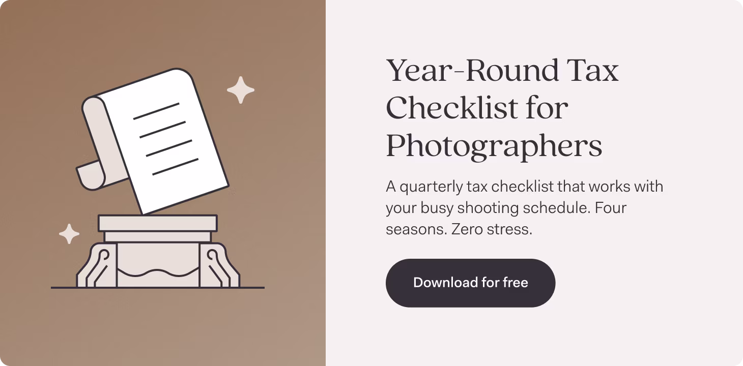 Year-Round Tax Checklist for Photographers promotional graphic with headline text and subheading that reads 'A quarterly tax checklist that works with your busy shooting schedule. Four seasons. Zero stress.' Features a dark 'Download for free' button and an illustration of a classical column or pedestal with a document or checklist floating above it, set against a beige and brown color scheme with decorative sparkle elements.