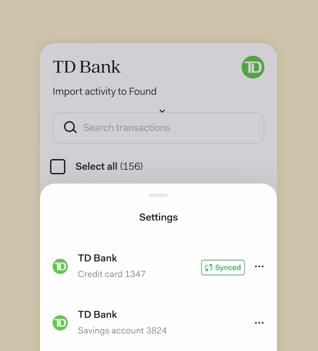 Found interface displaying bank account activity, with options to select transactions from specific accounts.
