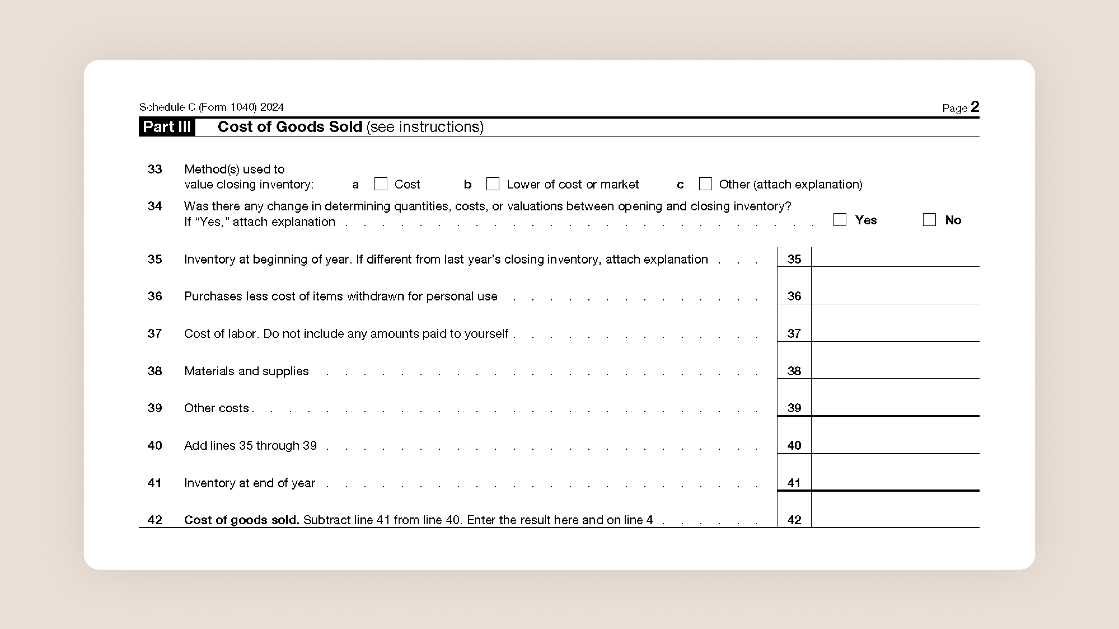 Schedule C Tax Form for Self-Employed Taxes Part III Cost of Goods Sold