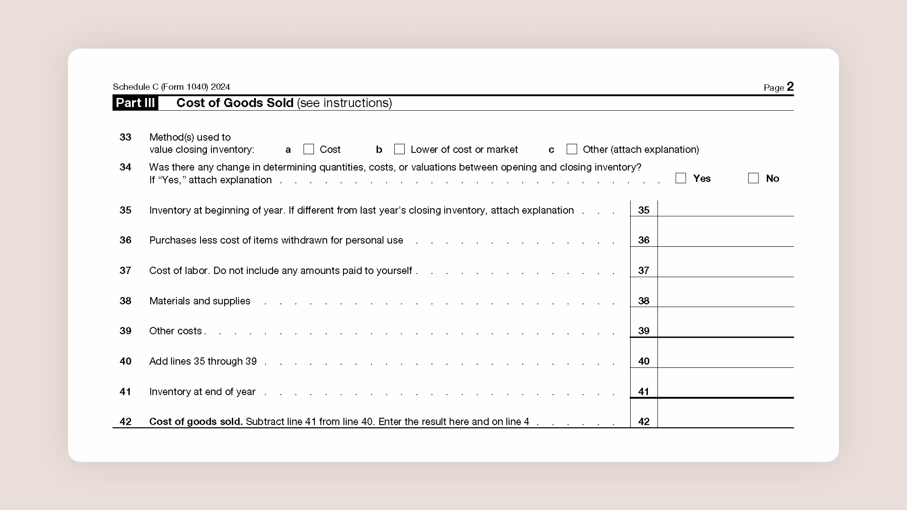 Schedule C Tax Form for Self-Employed Taxes Part III Cost of Goods Sold