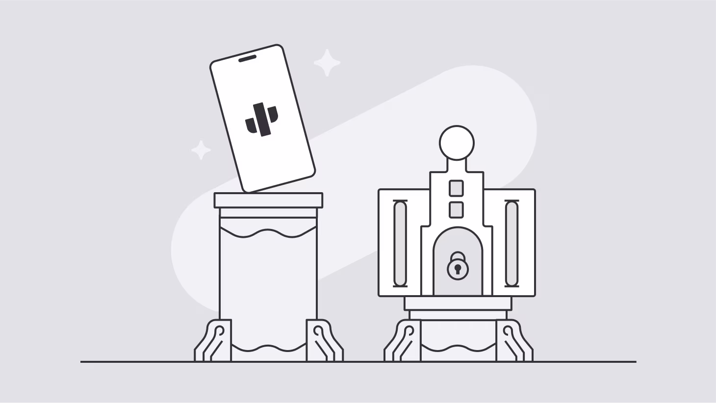 Line art illustration showing a smartphone displaying the Found logo on a podium next to an ornate trophy with a lock symbol, set against a light gray background with decorative sparkles.