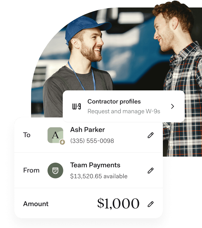 Two tradesmen shaking hands in front of a work truck. On-screen overlay shows a contractor payment of $1,000 from a business account labeled “Team Payments” to Ash Parker, with an option to manage W-9 contractor profiles.