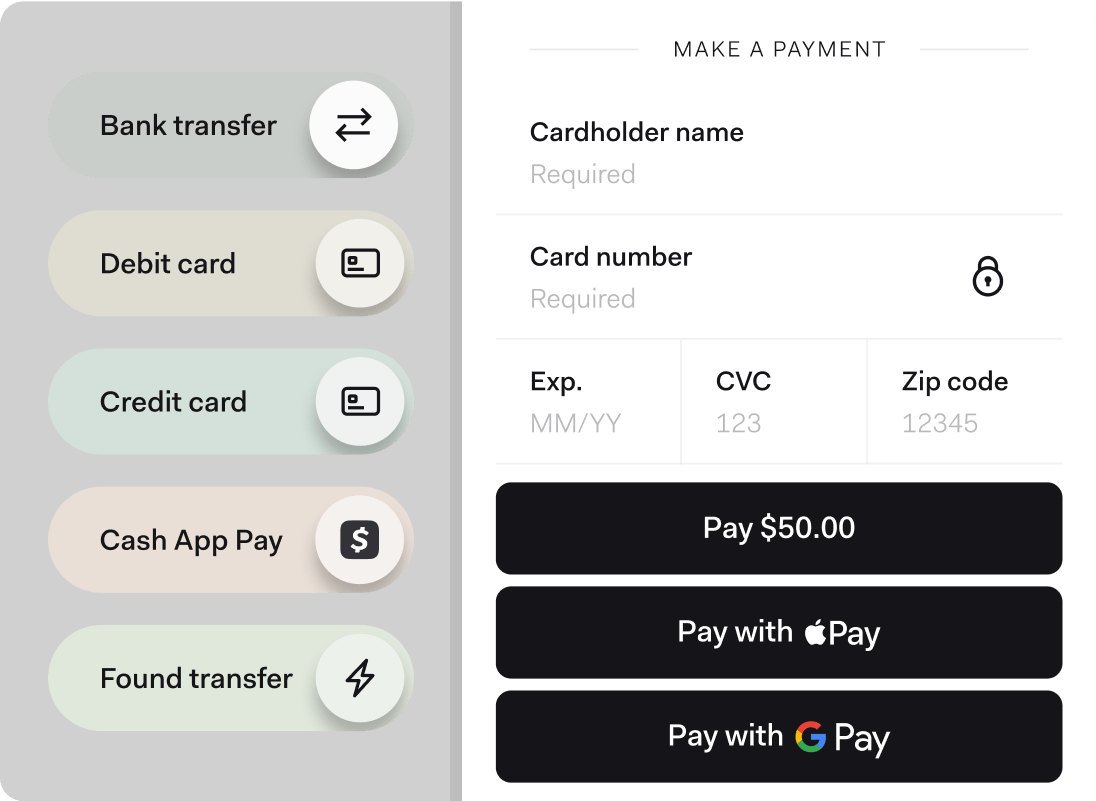 Payment form interface displaying multiple payment options including bank transfer, debit card, credit card, Cash App Pay, Found transfer, Apple Pay, and Google Pay, alongside fields for cardholder information and a $50.00 payment button.