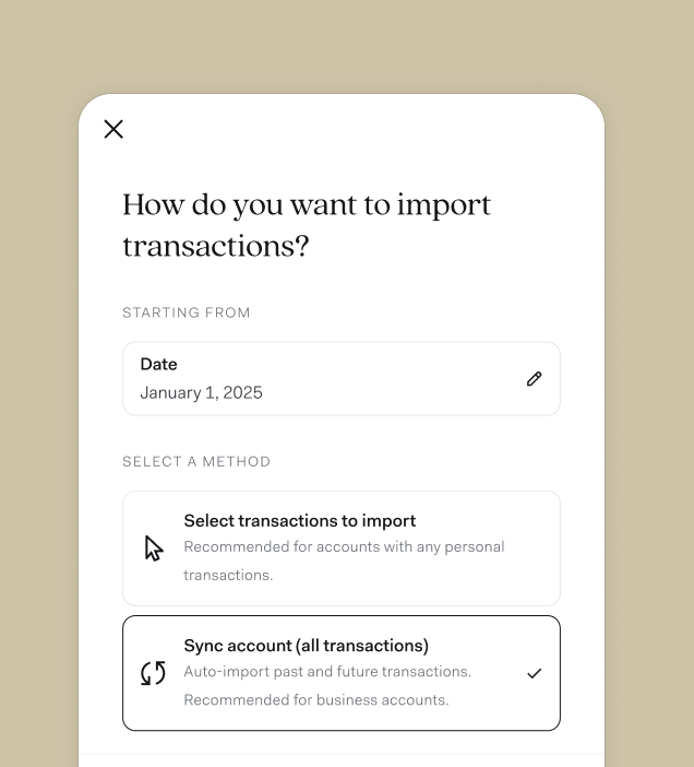 Mobile interface for importing bank transactions, with options to select transactions to import or to sync all transactions.