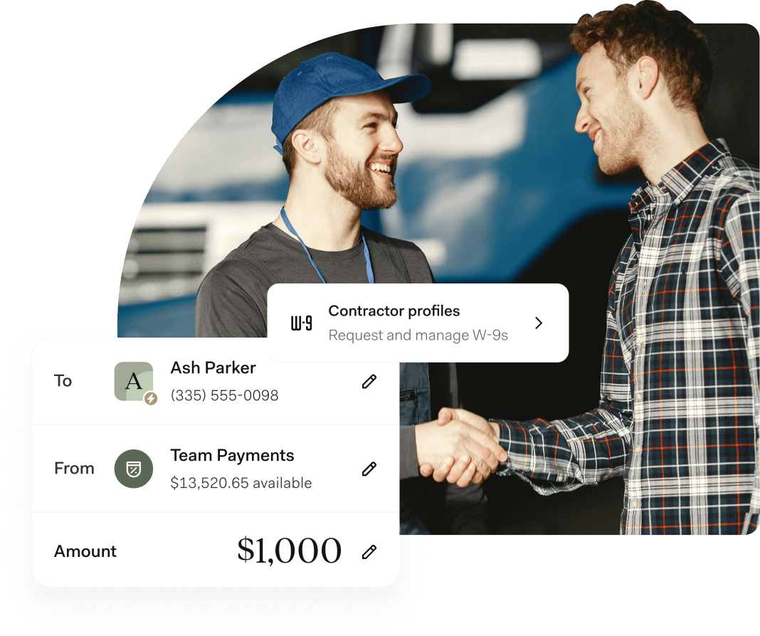Two tradesmen shaking hands in front of a work truck. On-screen overlay shows a contractor payment of $1,000 from a business account labeled “Team Payments” to Ash Parker, with an option to manage W-9 contractor profiles.