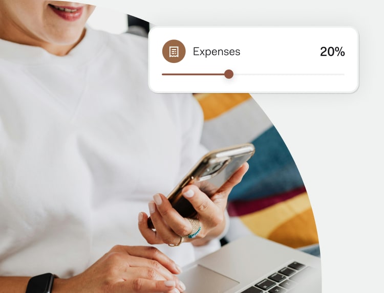 Person using a smartphone with an overlay showing 20% of income allocated to an "Expenses" pocket in their account.