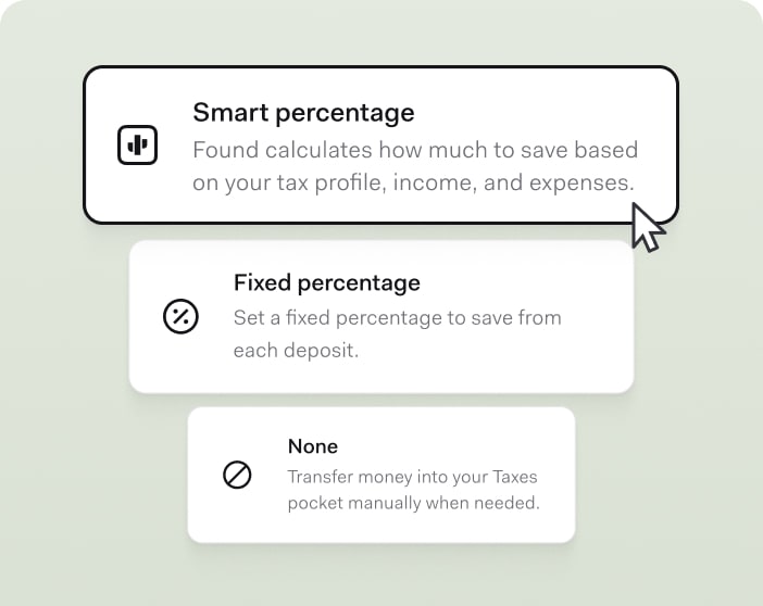 Three tax savings options displayed in the Found app: "Smart percentage" (automatically calculated based on tax profile, income, and expenses), "Fixed percentage" (user sets a consistent amount), and "None" (manual transfers only). A cursor hovers over the Smart percentage option.
