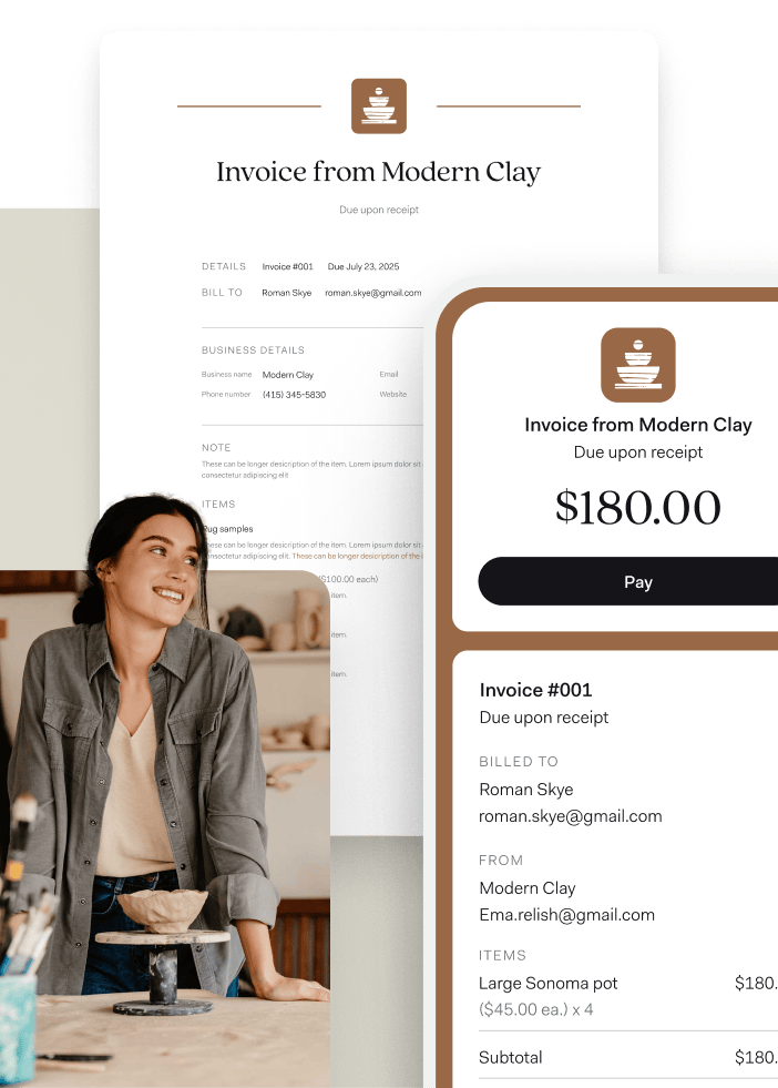 Ceramics business owner smiling beside a digital invoice from “Modern Clay,” displayed on both a mobile phone and desktop screen. The invoice includes pottery items and payment details, showcasing how small business owners can bill clients professionally.