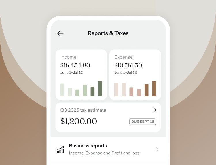 Smartphone screen displaying the Found app's "Reports & Taxes" dashboard, showing income, expenses, and a tax estimate with a due date.