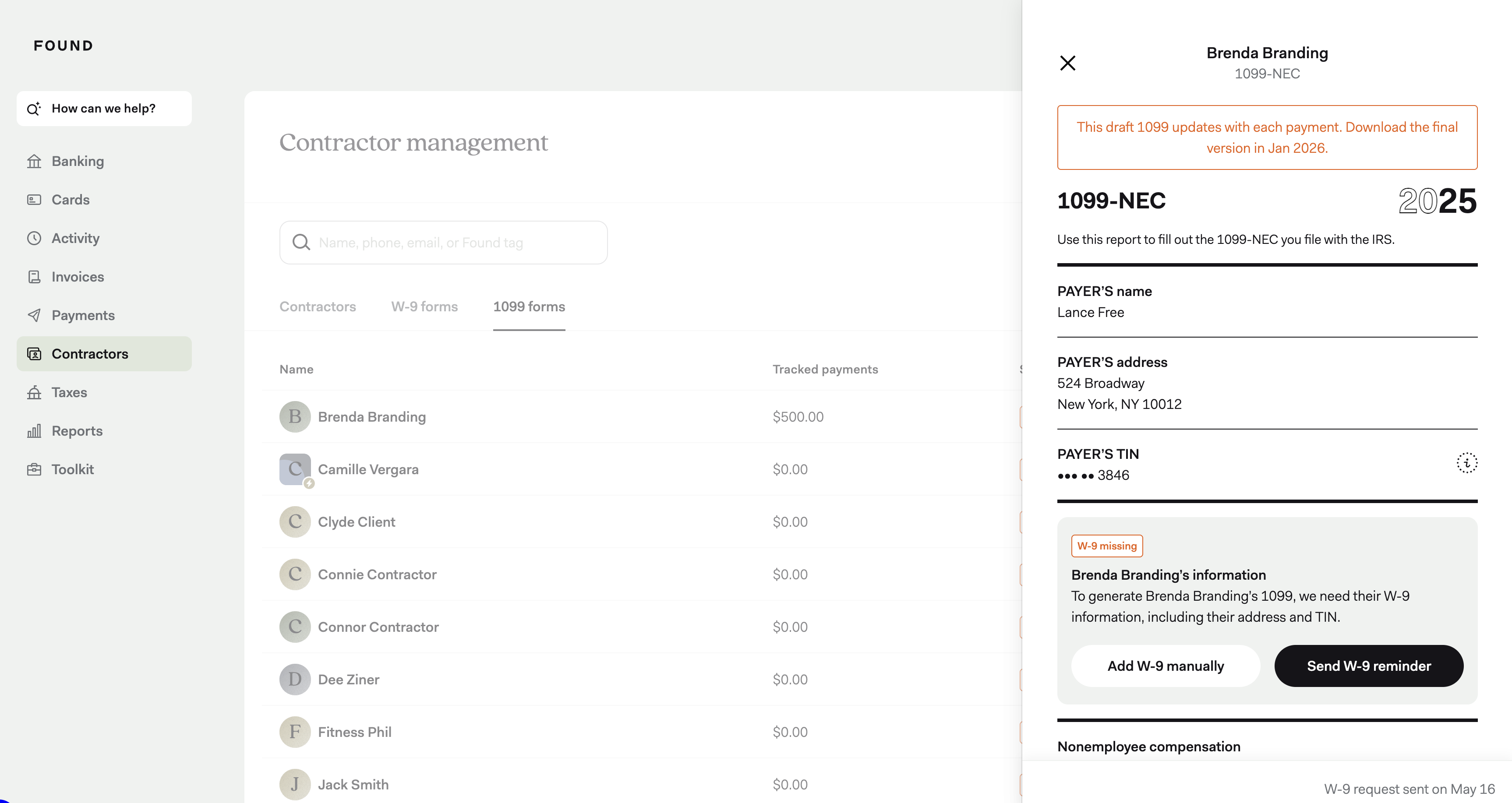 Screenshot of how to view a 1099 form of tracked contractor payments