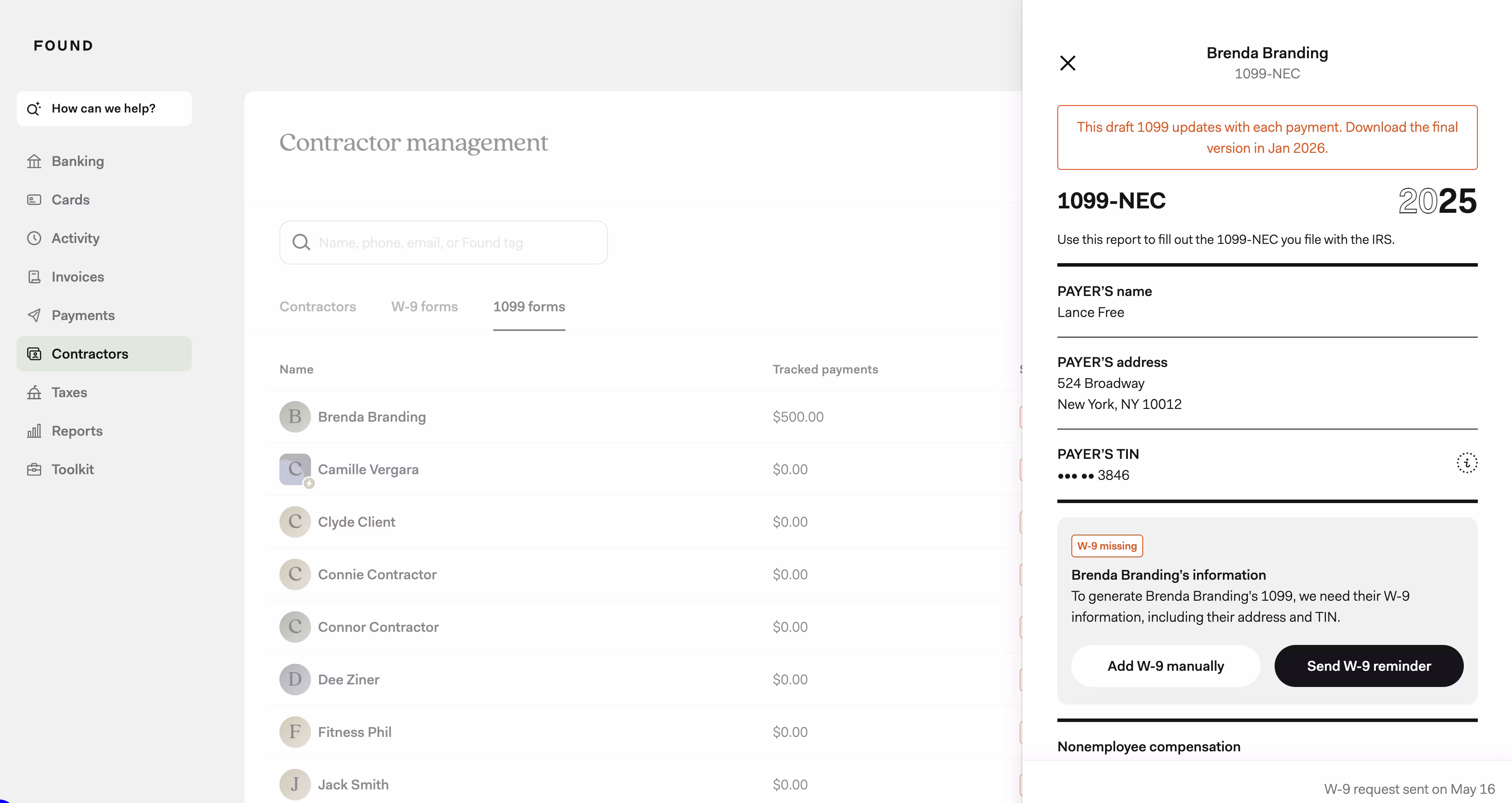 Screenshot of how to view a 1099 form of tracked contractor payments