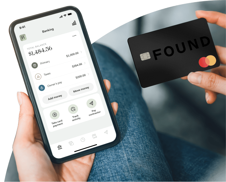 Image of a person holding a smart phone in their left hand, with the Found app open, and a debit card in their right hand.