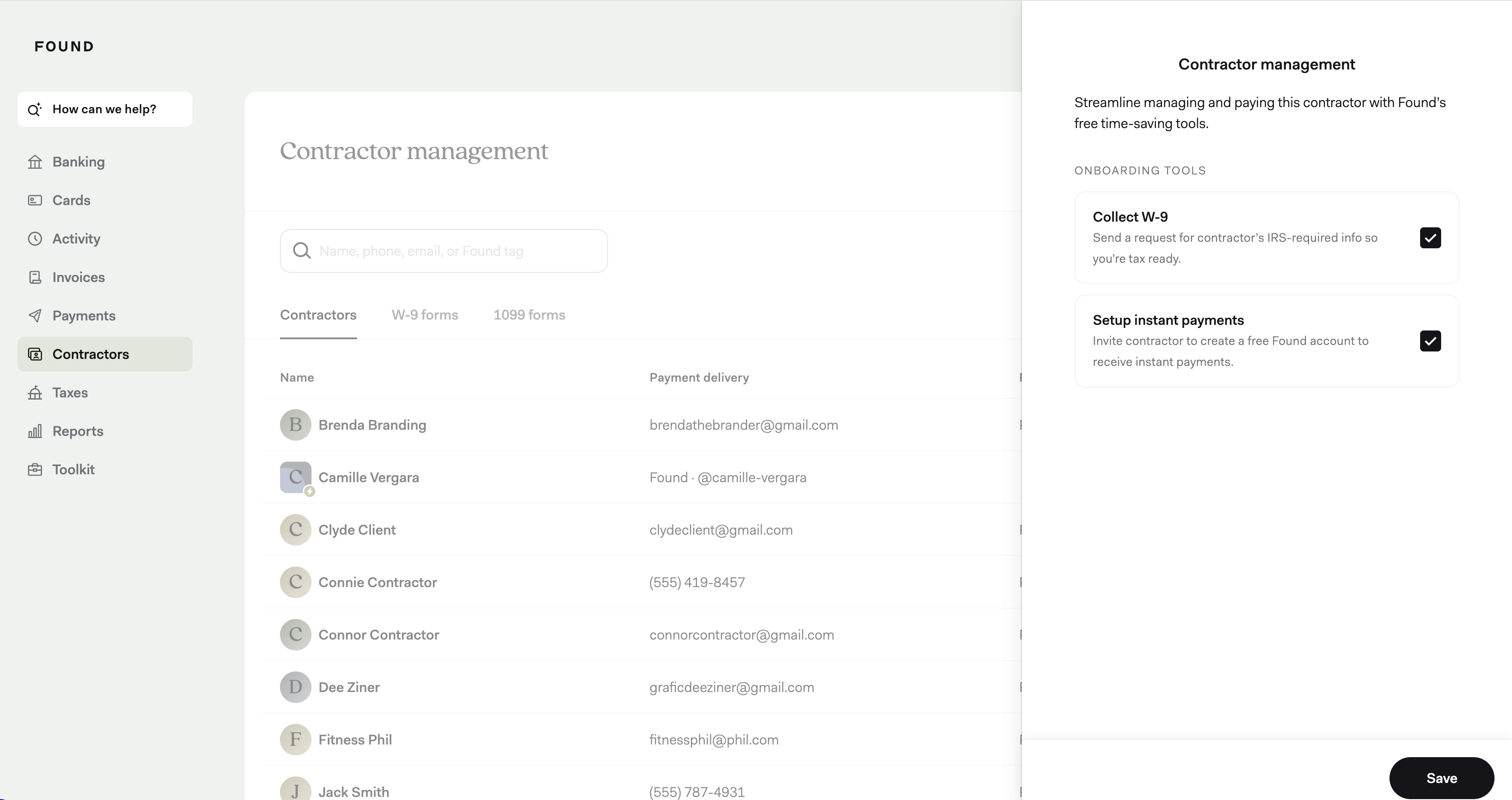 Desktop screenshot of how to onboard a contractor on Found