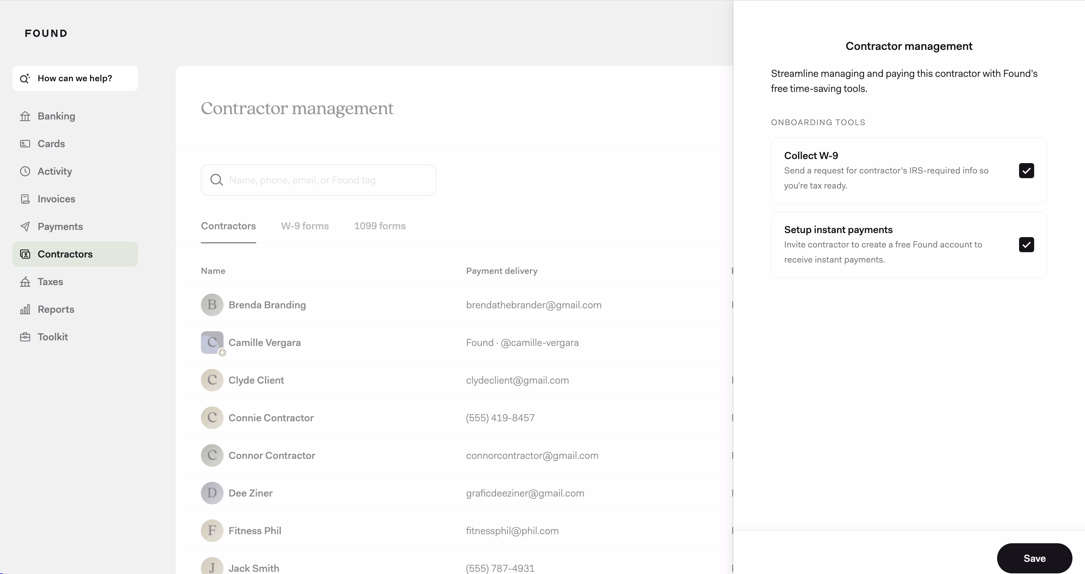 Desktop screenshot of how to onboard a contractor on Found