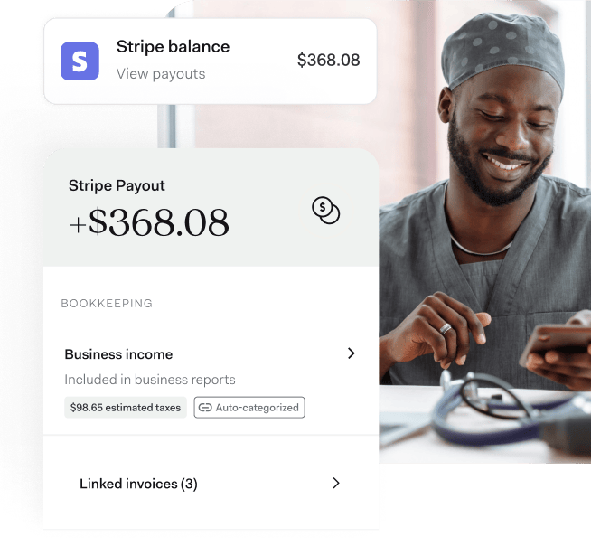 Healthcare professional smiling while checking a smartphone, with a screen overlay showing a Stripe payout of $368.08 categorized as business income, including estimated taxes and linked invoices.