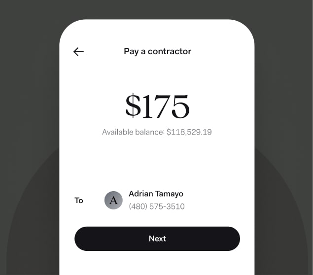 A smartphone interface showing a payment screen for a contractor named Adrian Tamayo. The amount is set to $175, with the available account balance displayed as $118,529.19, and a “Next” button to proceed with the transaction.