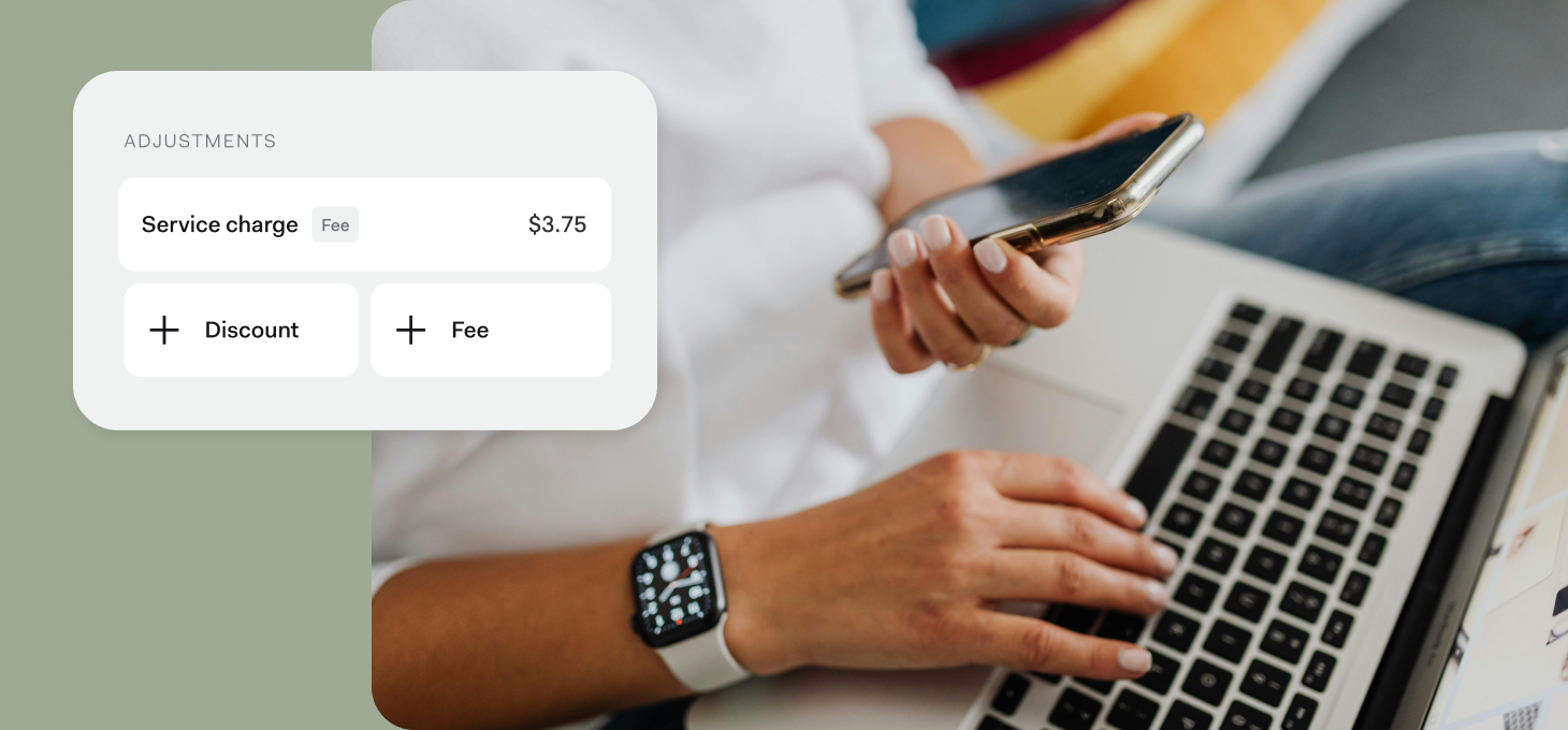 Desktop interface showing invoice adjustment tools with options for service charges, discounts, and added fees.