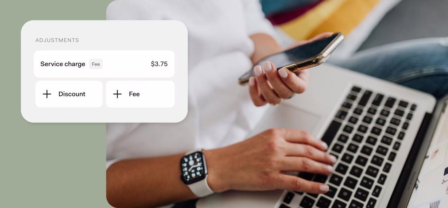 Desktop interface showing invoice adjustment tools with options for service charges, discounts, and added fees.