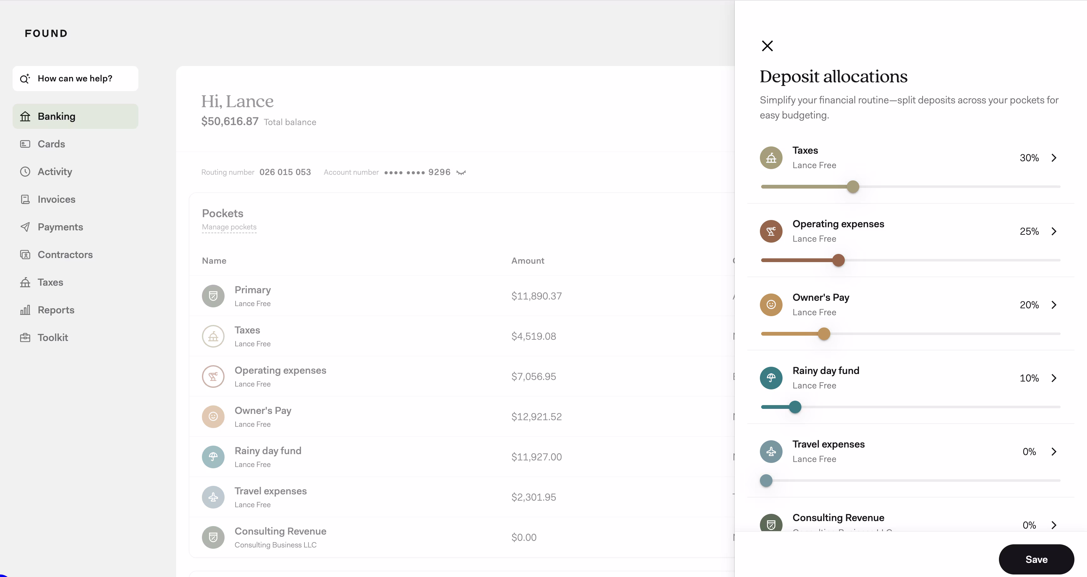 Screenshot of how to set deposit allocations for taxes and other business needs