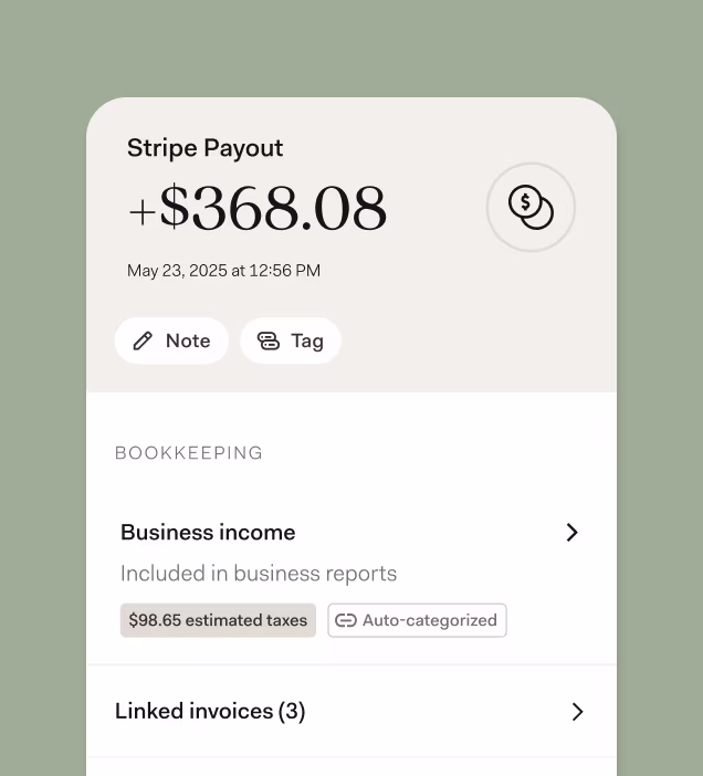 Mobile view of a Stripe payout with categorized business income, estimated taxes, and linked invoices.