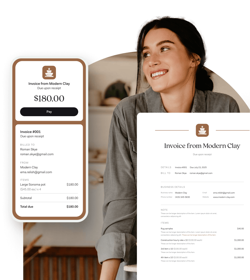 Ceramics business owner smiling beside a digital invoice from “Modern Clay,” displayed on both a mobile phone and desktop screen. The invoice includes pottery items and payment details, showcasing how small business owners can bill clients professionally.