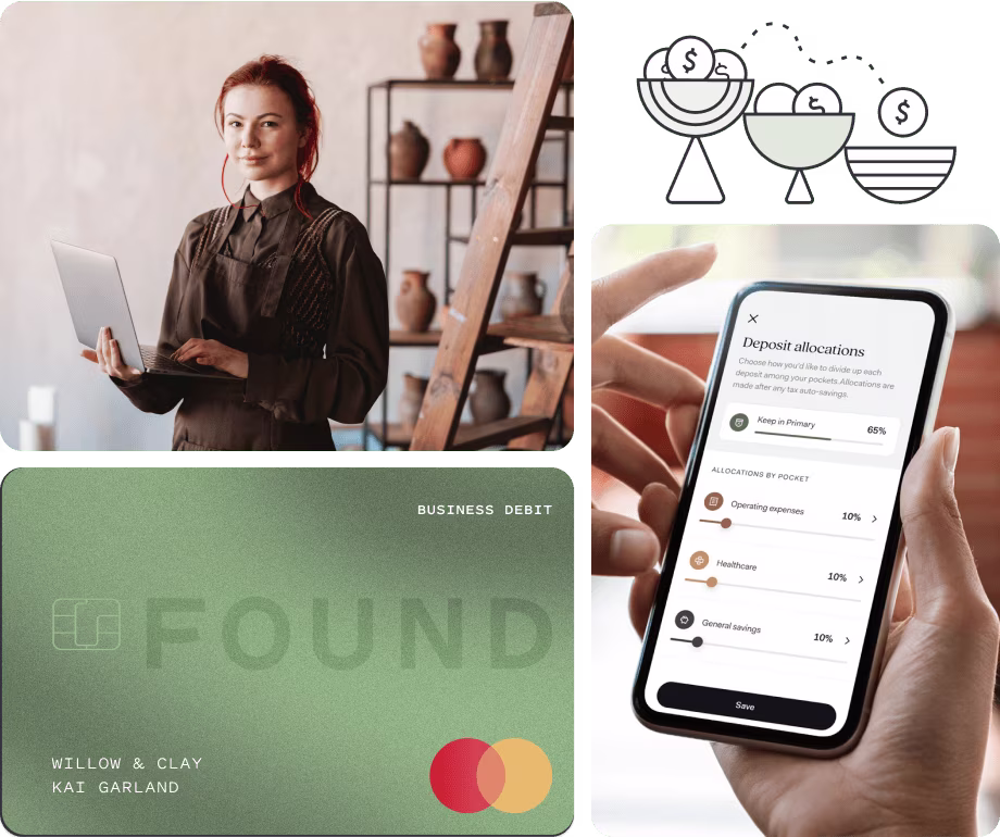 Collage of a pottery business owner, a Found business debit card, a mobile deposit allocation screen, and illustrated savings bowls representing smart money management.