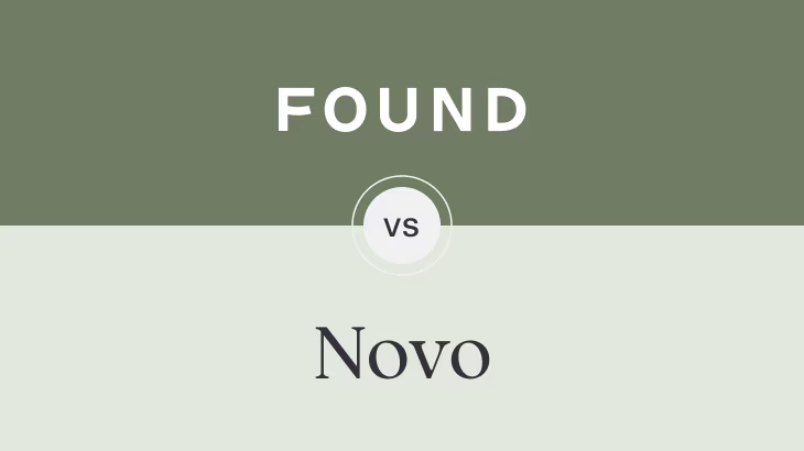 A comparison graphic with 'FOUND' in white text on a sage green background at the top, 'vs' in a circular badge in the center, and 'Novo' in dark serif text on a light beige background at the bottom.