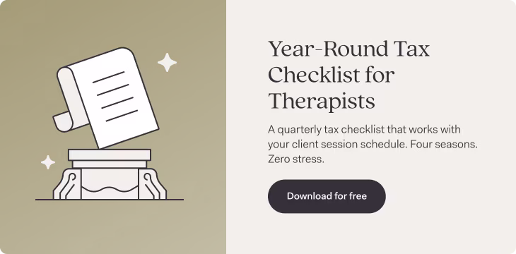 Illustration of a document being filed into a filing box with decorative stars, alongside text reading 'Year-Round Tax Checklist for Therapists' with the subtitle 'A quarterly tax checklist that works with your client session schedule. Four seasons. Zero stress.' A dark button labeled 'Download for free' appears below the text.