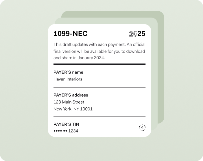 Preview of a 1099-NEC form for 2025 showing payer details, including Haven Interiors, a New York address, and a partially masked TIN, with text indicating it is a draft that updates with each payment and will be finalized for download later.