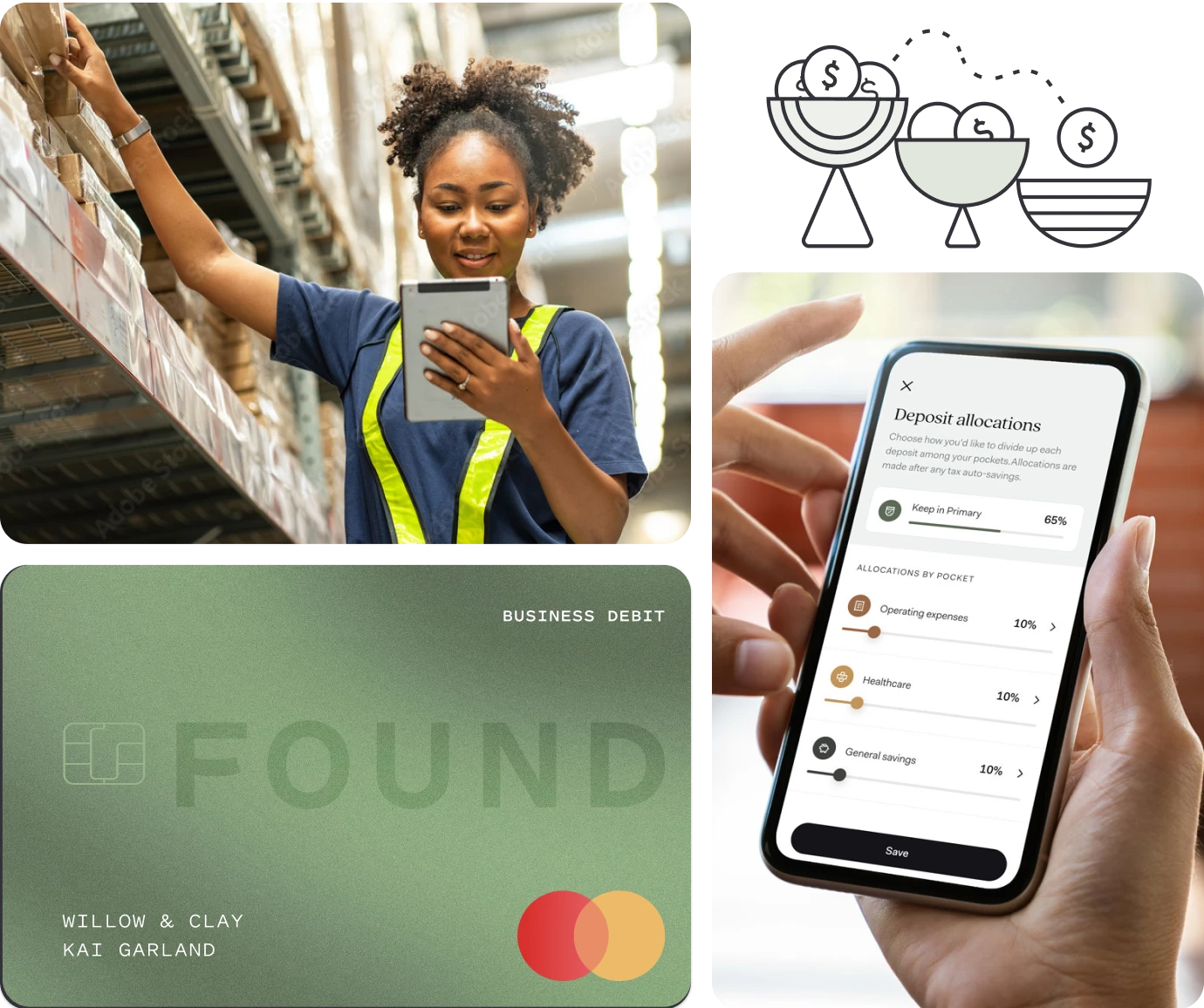 A warehouse worker in a safety vest uses a tablet in an inventory aisle. The image also shows a Found business debit card, a phone screen displaying deposit allocation settings, and illustrated icons of financial distribution.
