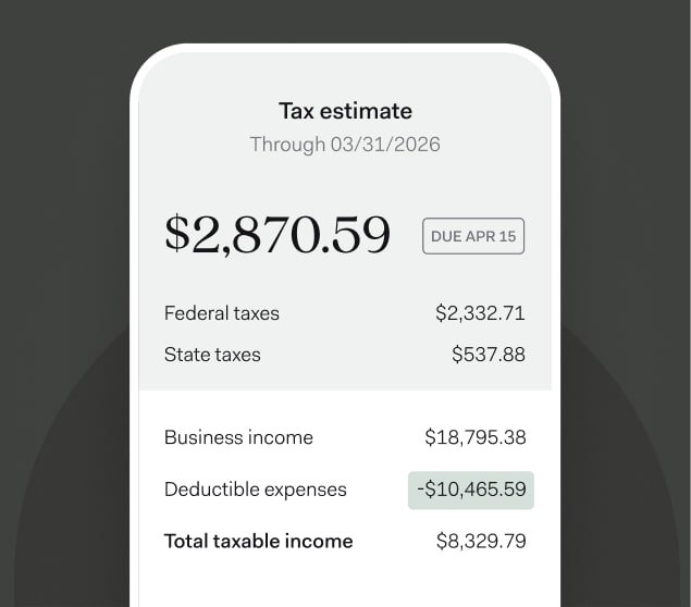 A mobile screen showing a detailed tax estimate breakdown for the quarter ending March 31, 2026. The total estimated tax due is $2,870.59, including federal and state taxes, with business income and deductible expenses itemized below.