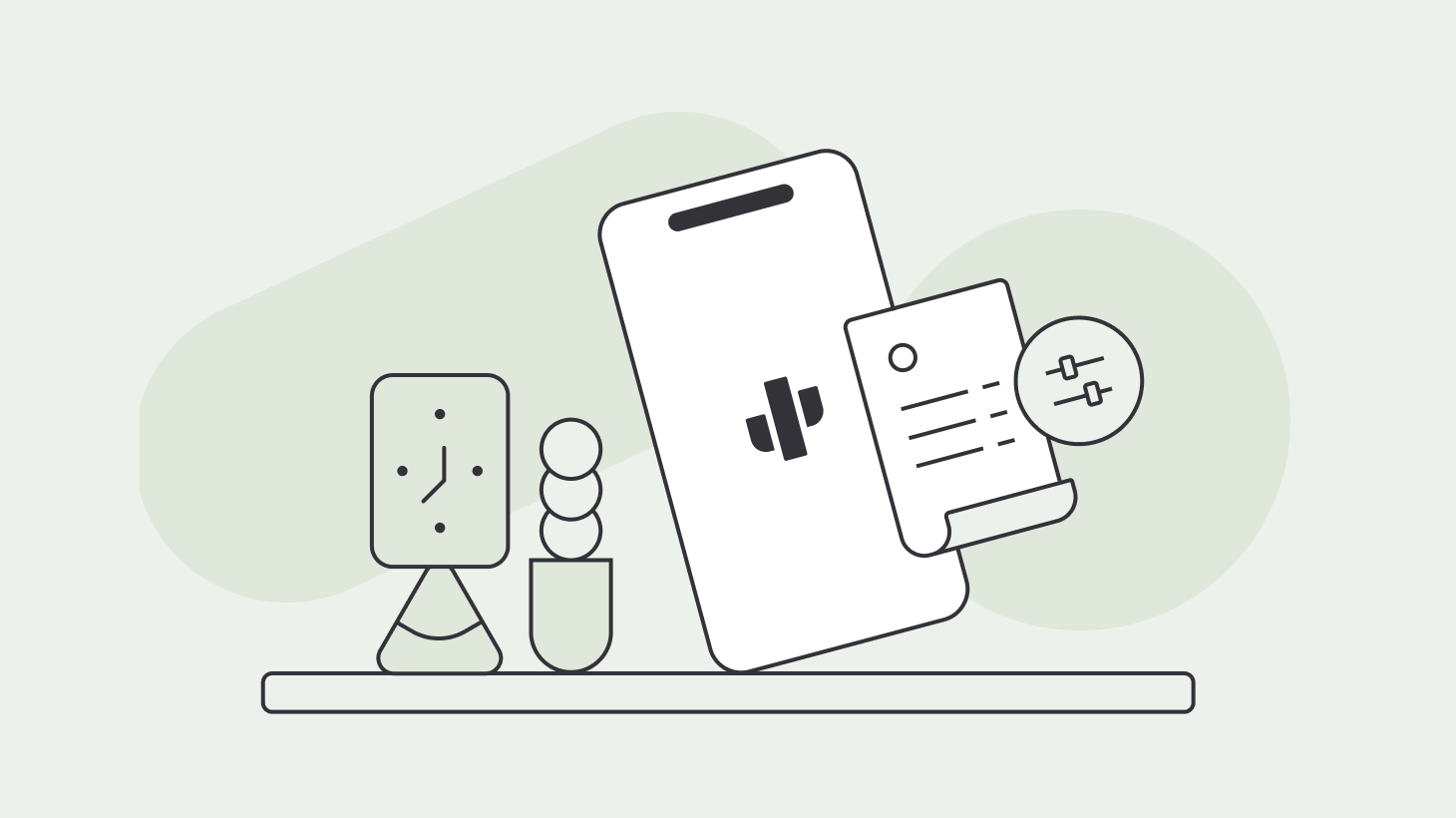 Illustration of mobile invoicing tools and settings interface on a digital device surrounded by office elements.