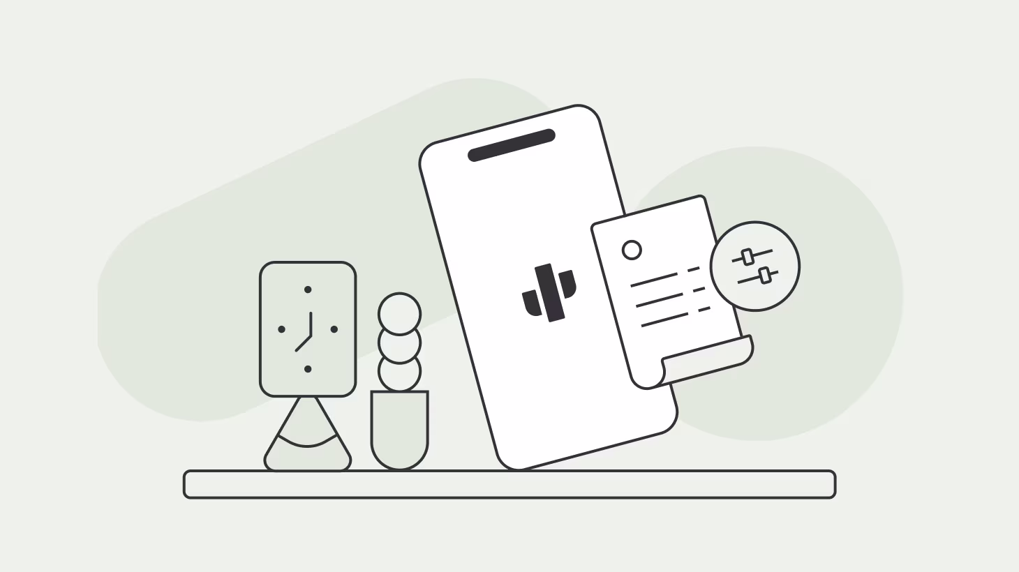 Illustration of mobile invoicing tools and settings interface on a digital device surrounded by office elements.