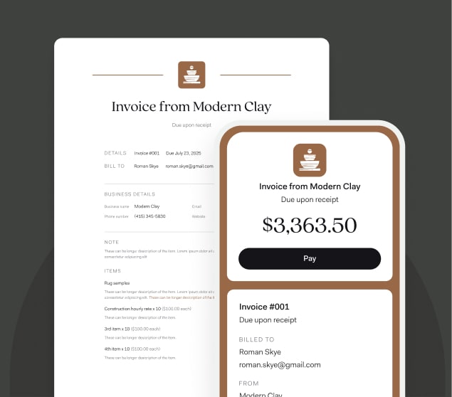 A digital invoice from a business named Modern Clay displayed on both a smartphone and a printed page. The mobile screen shows a $3,363.50 balance due with a “Pay” button, while the full invoice in the background includes itemized charges and billing information.